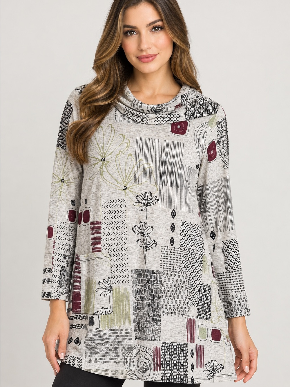 Cowl-Neck Patchwork Floral Long Sleeve Tunic - Grey